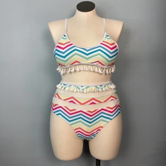 RAINBOW Chevron White Two Piece Bikini Set Tassel Mesh Detail US Size 12 Striped - Picture 1 of 12